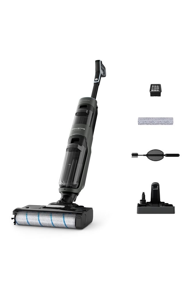 Aspirateur sans fil ROWENTA GZ5035WO représenté avec une brosse à rouleau, un filtre, un outil de nettoyage, une télécommande et une station d'accueil sur fond blanc.