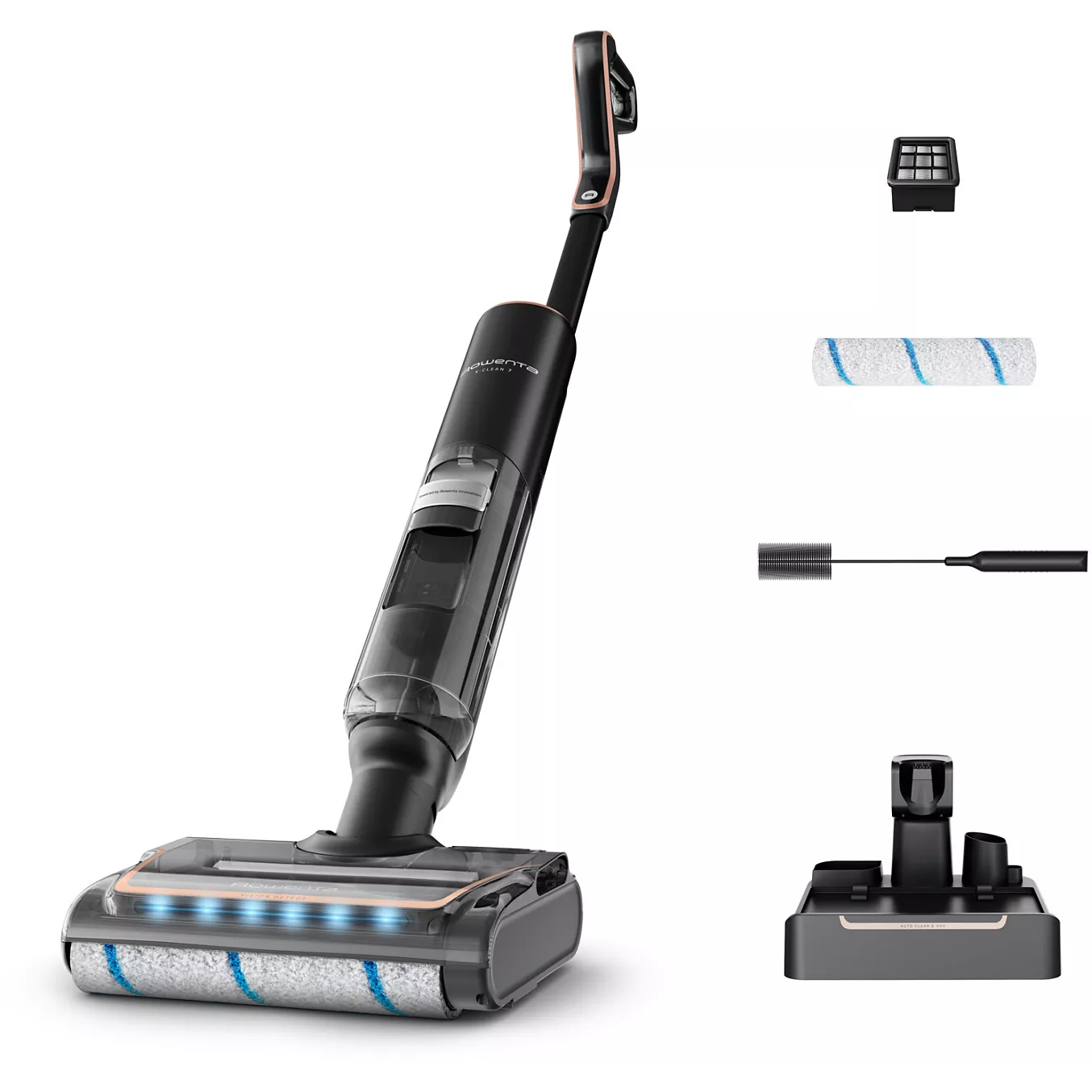 Aspirateur sans fil ROWENTA GZ5736E0 sur fond blanc avec accessoires, station d'accueil et rouleau-brosse.
