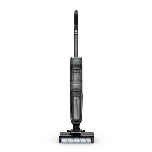 L'aspirateur vertical sans fil ROWENTA GZ5035WO présente un design moderne noir et gris avec un bac à poussière transparent sur fond blanc.