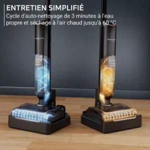 L'aspirateur vertical ROWENTA GZ5736E0 affiche les cycles d'eau et de chauffage sous un texte en français mettant l'accent sur la facilité d'entretien.