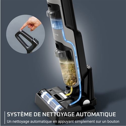 Un aspirateur ROWENTA GZ5035WO à nettoyage automatique ; une main appuie sur un bouton de sa partie amovible.