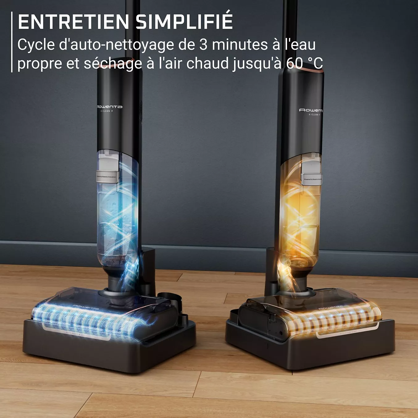 L'aspirateur vertical ROWENTA GZ5736E0 affiche les cycles d'eau et de chauffage sous un texte en français mettant l'accent sur la facilité d'entretien.