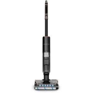 Le ROWENTA GZ5736E0 est un aspirateur vertical sans fil noir avec un bac à poussière transparent et des lumières LED à la base.