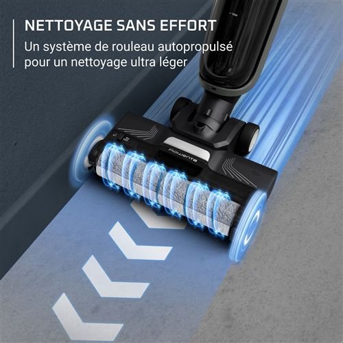 Le ROWENTA GZ5035WO, un aspirateur autotracté avec des rouleaux brillants, permet de nettoyer les sols sans effort, comme le soulignent les textes en français.