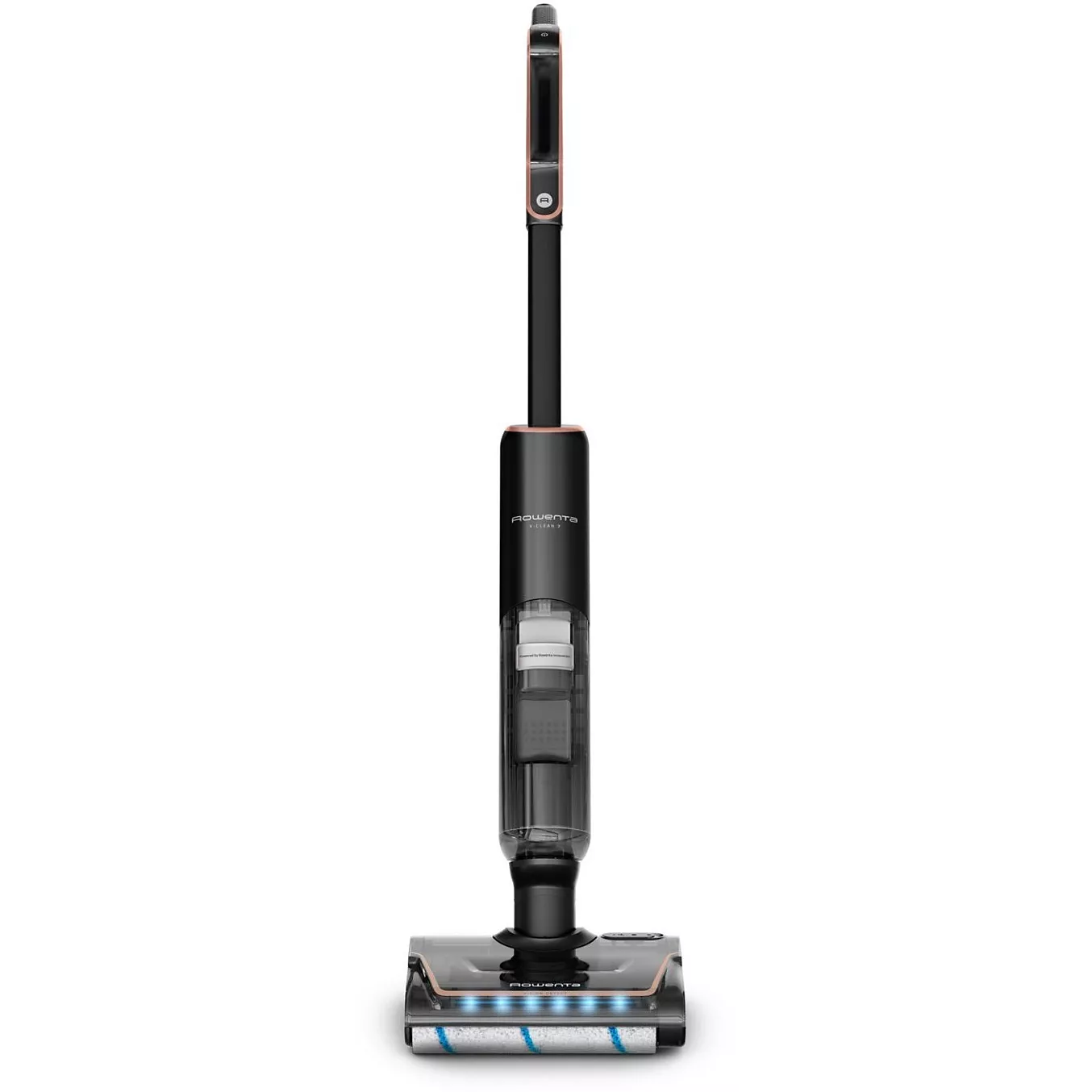 Le ROWENTA GZ5736E0 est un aspirateur vertical sans fil noir avec un bac à poussière transparent et des lumières LED à la base.