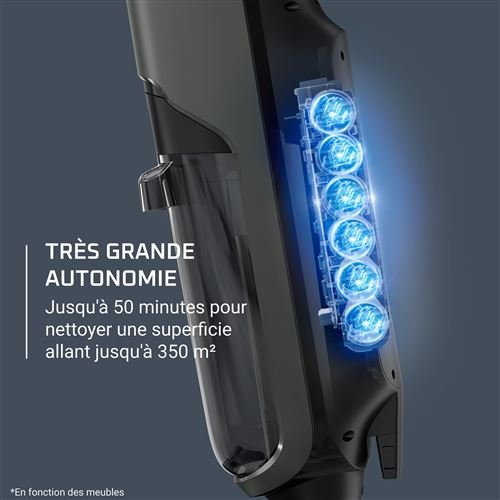 Gros plan sur l'aspirateur ROWENTA GZ5035WO, doté de LED bleues et d'un texte en français soulignant l'efficacité de sa batterie d'une autonomie de 50 minutes.
