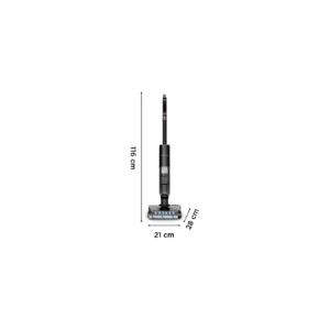 Le ROWENTA GZ5736E0, un aspirateur vertical noir mesurant 116 cm de hauteur, 21 cm de largeur et 28 cm de profondeur, est présenté sur un fond blanc.