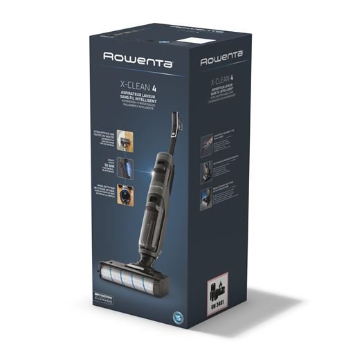 Aspirateur ROWENTA GZ5035WO en noir, présenté sur son emballage avec les principales caractéristiques.