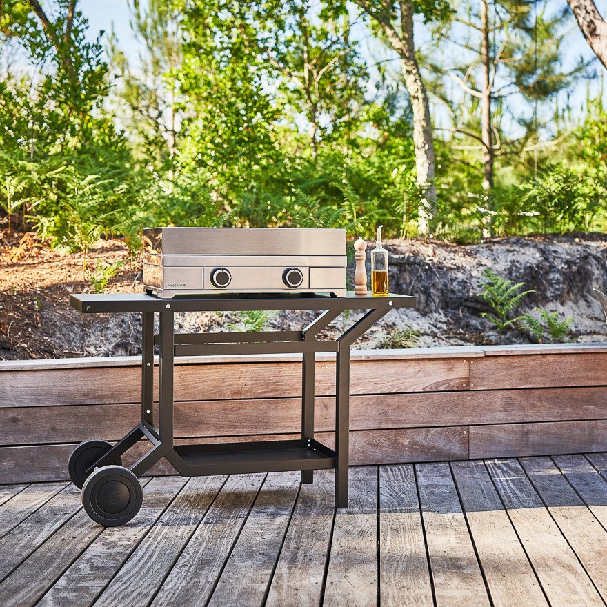 Un chariot moderne de grillades d'extérieur FORGE ADOUR TRA_N avec condiments se trouve sur une terrasse en bois, entourée d'arbres et de verdure.
