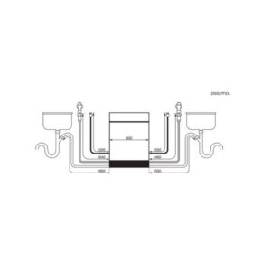 Schéma de plomberie montrant deux éviers reliés à une unité centrale avec les tailles de tuyaux indiquées, parfait pour les installations utilisant le congélateur intégré AEG GI8200A2TC à haut rendement énergétique.