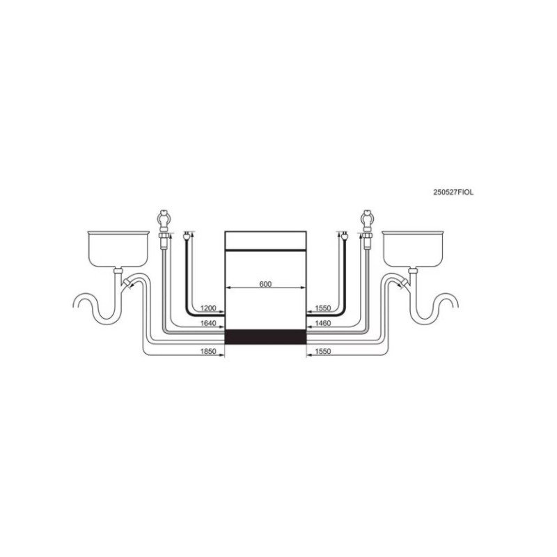 Schéma de plomberie montrant deux éviers reliés à une unité centrale avec les tailles de tuyaux indiquées, parfait pour les installations utilisant le congélateur intégré AEG GI8200A2TC à haut rendement énergétique.