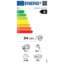 Label énergétique de l'UE avec une note A et une consommation de 54 kWh - ce lave-linge est idéal pour une maison économe en énergie, en particulier lorsqu'il est associé au congélateur AEG GI8200A2TC.
