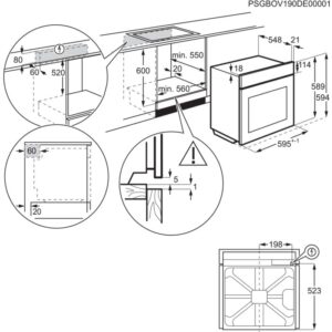 Le schéma technique présente les dimensions d'installation - hauteur, largeur, profondeur et dégagements requis - du four AEG TX7PB631SB. Les directives d'installation couvrent également l'intégration d'un sèche-linge à proximité.