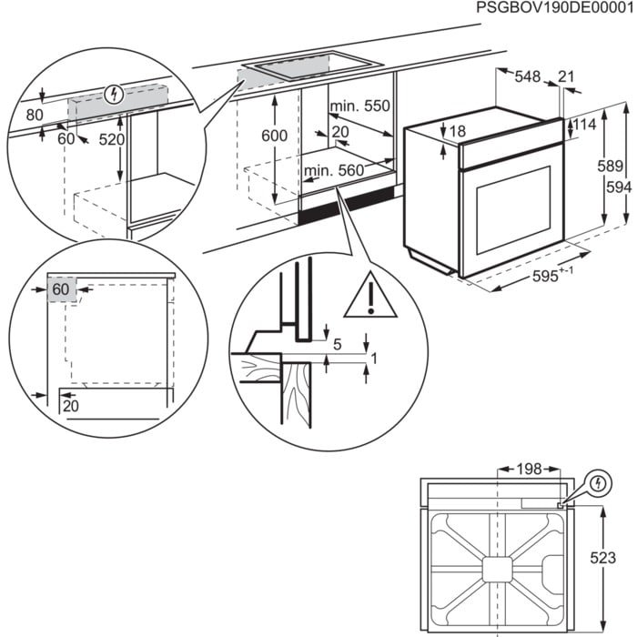 Le schéma technique présente les dimensions d'installation - hauteur, largeur, profondeur et dégagements requis - du four AEG TX7PB631SB. Les directives d'installation couvrent également l'intégration d'un sèche-linge à proximité.