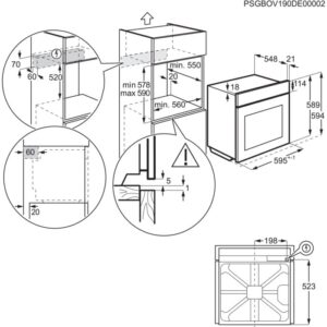 Schéma technique montrant les dimensions et les conditions d'installation d'un four encastrable dans un meuble de cuisine, similaire au four AEG TX7PB631SB.