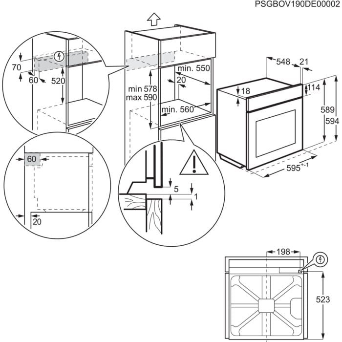 Schéma technique montrant les dimensions et les conditions d'installation d'un four encastrable dans un meuble de cuisine, similaire au four AEG TX7PB631SB.