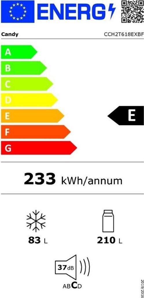 Le CANDY CCH2T618EXBF présente une étiquette énergétique E, consomme 233 kWh/an, possède un réfrigérateur de 210 litres et un congélateur de 83 litres, et fonctionne silencieusement à 37 dB.