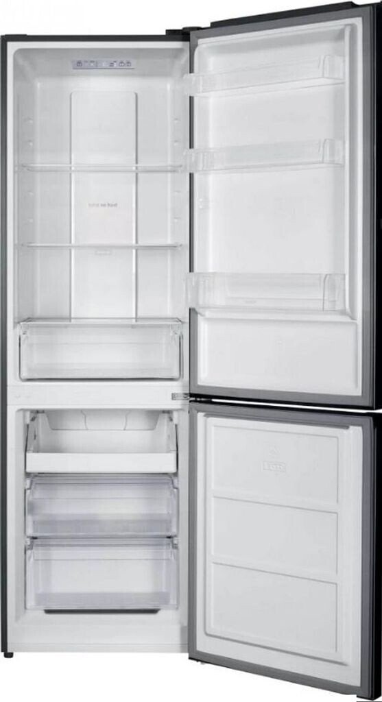 Un réfrigérateur CANDY CCH2T618EXBF se tient debout avec ses portes ouvertes, montrant les étagères et les compartiments vides à l'intérieur des sections réfrigérateur et congélateur.