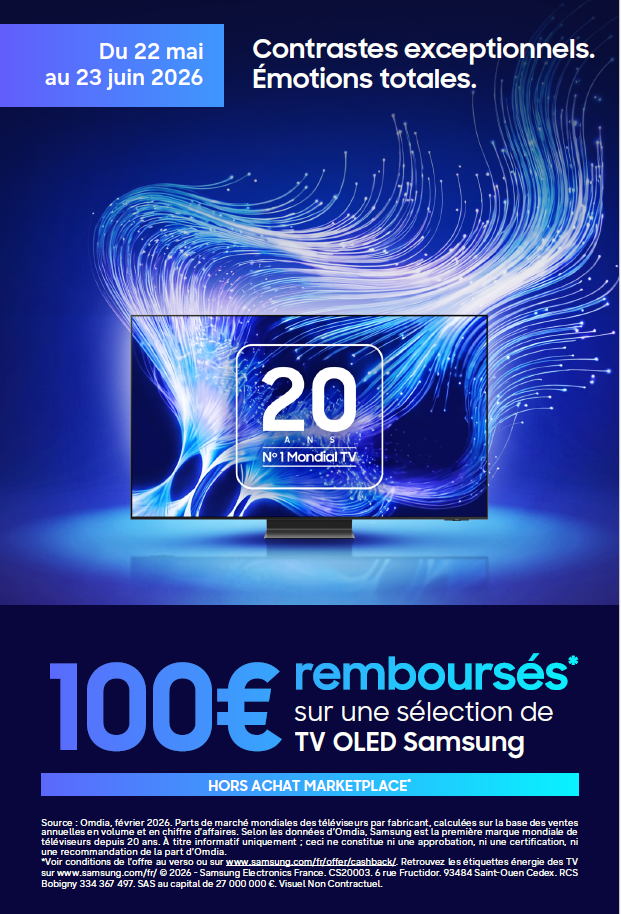 Remise de 100€ sur le téléviseur SAMSUNG TV S90F OLED, avec des traînées de lumière bleue sur l'écran. Offre valable à partir de MAI 2026 : du 22 mai au 23 juin 2026.