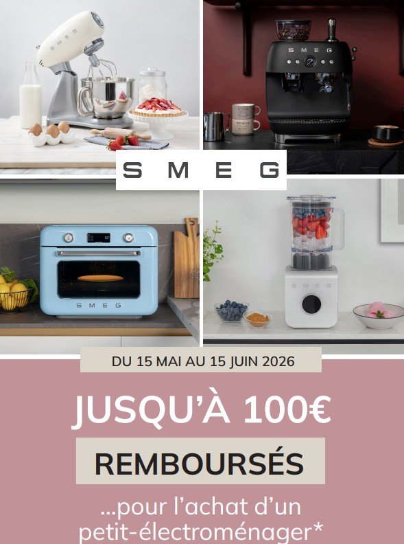 Promotion sur les appareils SMEG : jusqu'à 100€ remboursés pour l'achat de petits appareils électroménagers, y compris les modèles de café robotisé. Offre valable du 15 mai au 15 juin 2026. Profitez de la qualité avec SMEG-5 ans de garantie incluse !.