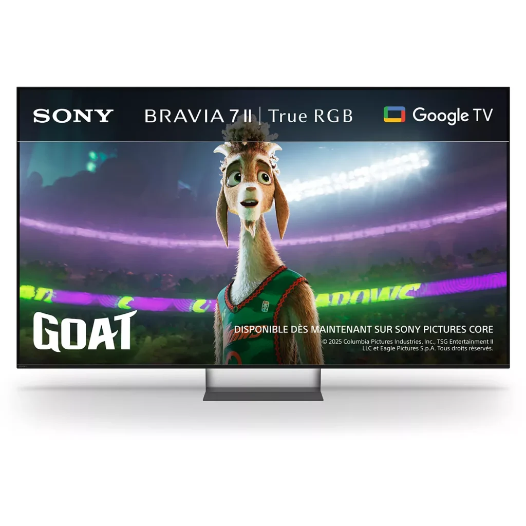 Un téléviseur SONY K-65XR7M2 TRUE TV montre un personnage de basket-ball lama animé avec "GOAT", des couleurs TRUE vives et la marque Google TV.