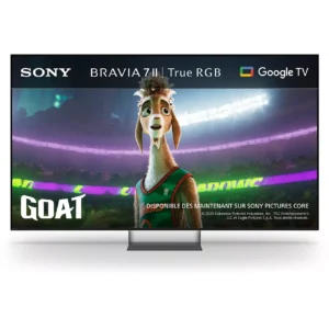 Un téléviseur SONY K-65XR7M2 TRUE TV montre un personnage de basket-ball lama animé avec "GOAT", des couleurs TRUE vives et la marque Google TV.