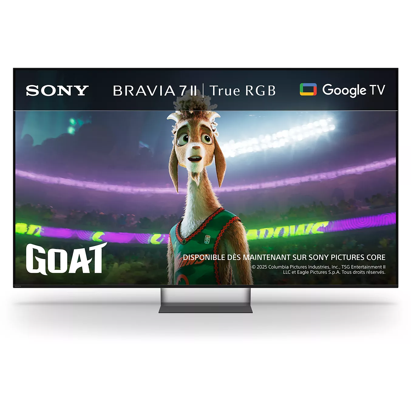 Un téléviseur SONY K-65XR7M2 TRUE TV montre un personnage de basket-ball lama animé avec "GOAT", des couleurs TRUE vives et la marque Google TV.
