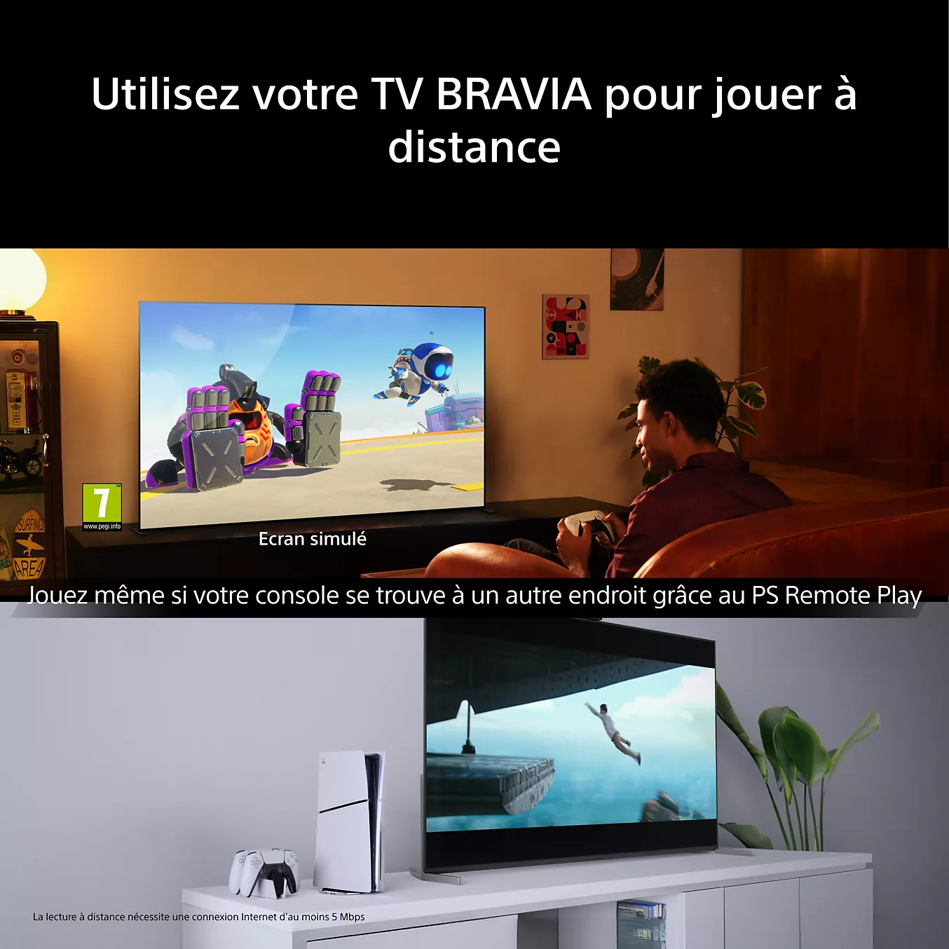 Une personne joue à un jeu vidéo sur un téléviseur à l'aide d'une manette, avec une console SONY PlayStation 5 à proximité et l'écran SONY K-65XR7M2 TRUE qui améliore l'expérience.