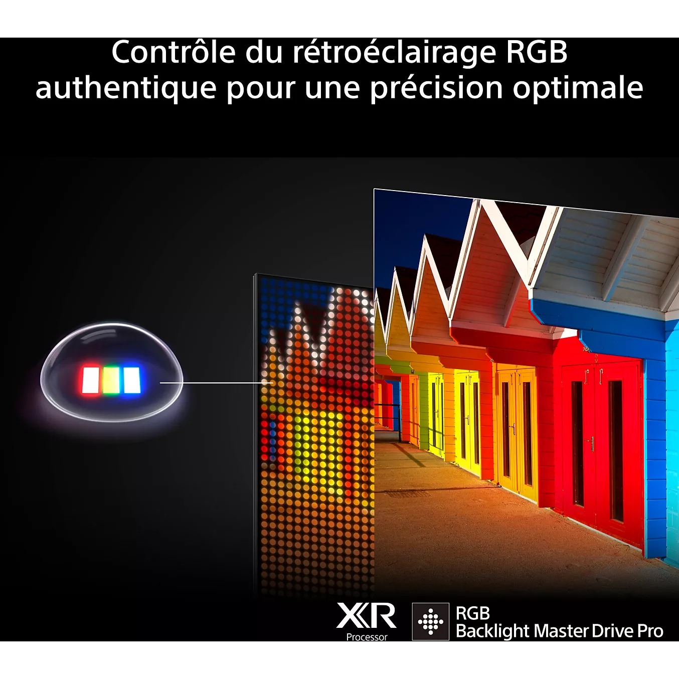 Découvrez la précision de l'image TRUE avec le SONY K-65XR7M2 TRUE, doté d'une illustration de maison colorée et d'un contrôle précis du rétroéclairage RVB.