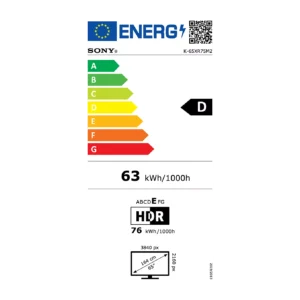 SONY K-65XR7M2 TRUE TV : Classe énergétique D, 63 kWh/1000h, 76 kWh HDR ; résolution 3840x2160 ; écran 164 cm ; drapeau européen.