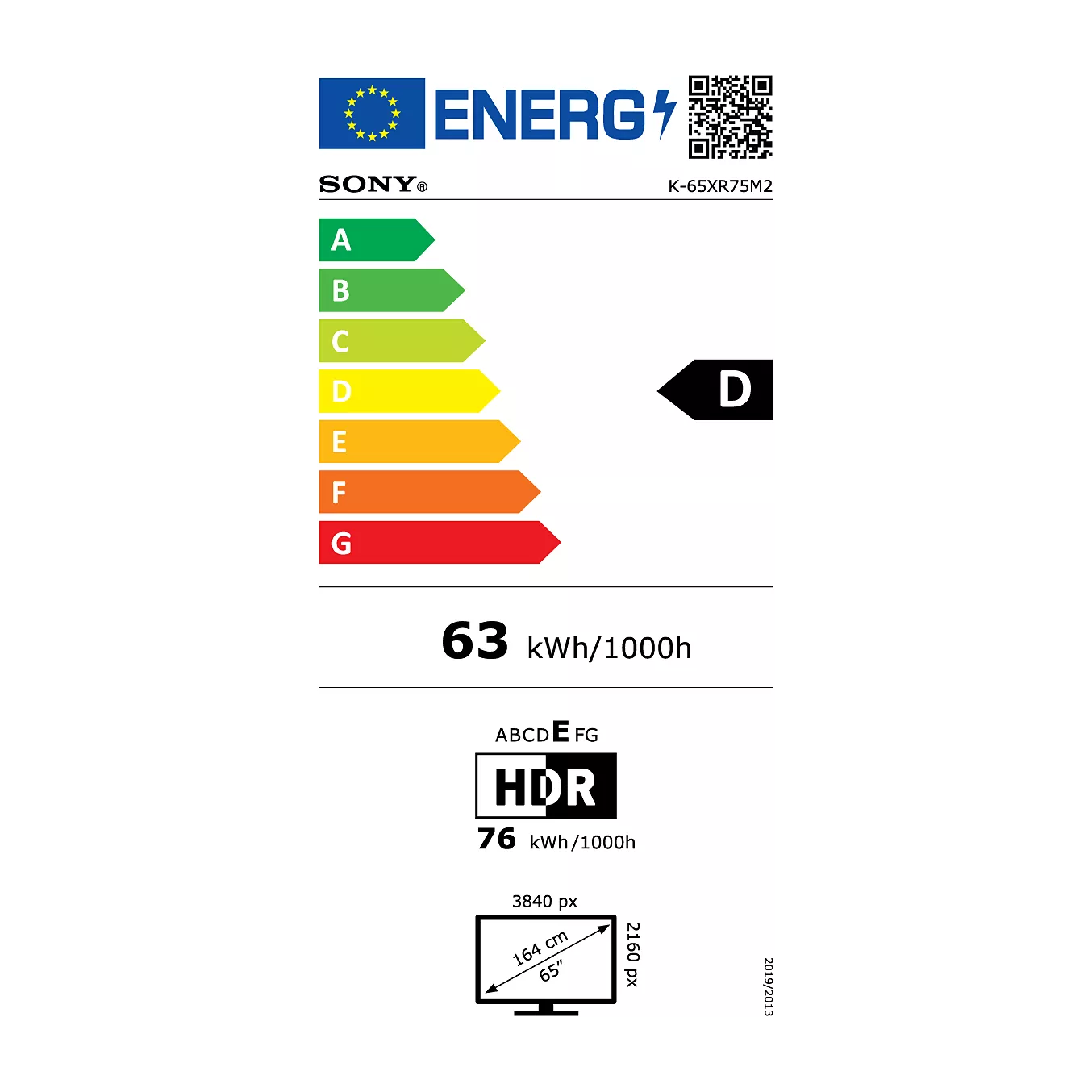 SONY K-65XR7M2 TRUE TV : Classe énergétique D, 63 kWh/1000h, 76 kWh HDR ; résolution 3840x2160 ; écran 164 cm ; drapeau européen.