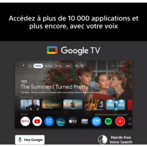 Le SONY K-65XR7M2 TRUE est doté de l'interface Google TV, qui affiche les meilleures applications de streaming et une bannière pour le film "The Summer I Turned Pretty", offrant ainsi un divertissement à portée de main.