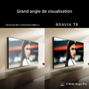 Les téléviseurs côte à côte, dont le SONY K-65XR7M2 TRUE, affichent le visage d'une femme, mettant en valeur l'affichage grand angle TRUE du BRAVIA 7 II par rapport à un téléviseur classique.