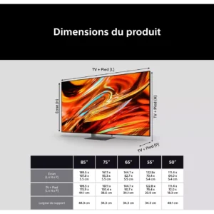 Un tableau affiche les dimensions des téléviseurs SONY K-65XR7M2 TRUE en 85", 75", 65", 55" et 50" avec les mesures réelles en cm.