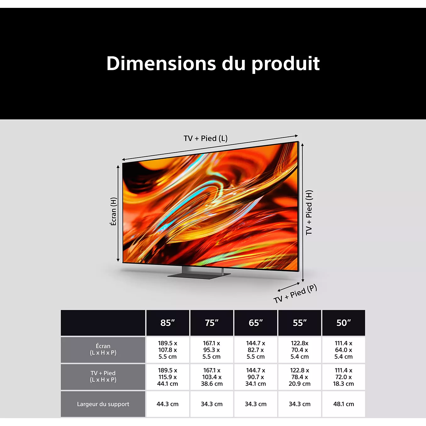 Un tableau affiche les dimensions des téléviseurs SONY K-65XR7M2 TRUE en 85", 75", 65", 55" et 50" avec les mesures réelles en cm.