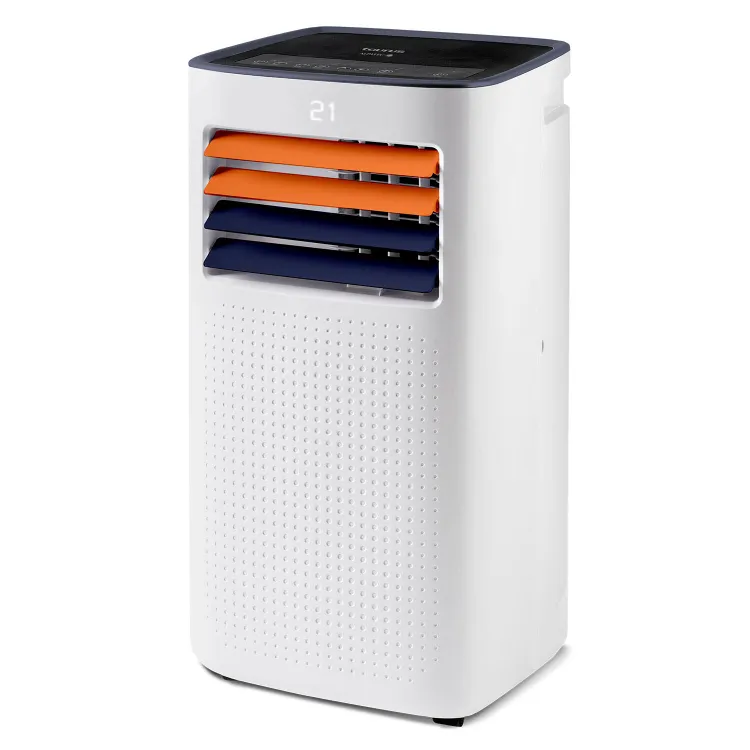 Le TAURUS AC9000CH est un climatiseur portable avec un boîtier blanc, des bouches d'aération orange et bleues et un affichage numérique de la température sur le dessus.
