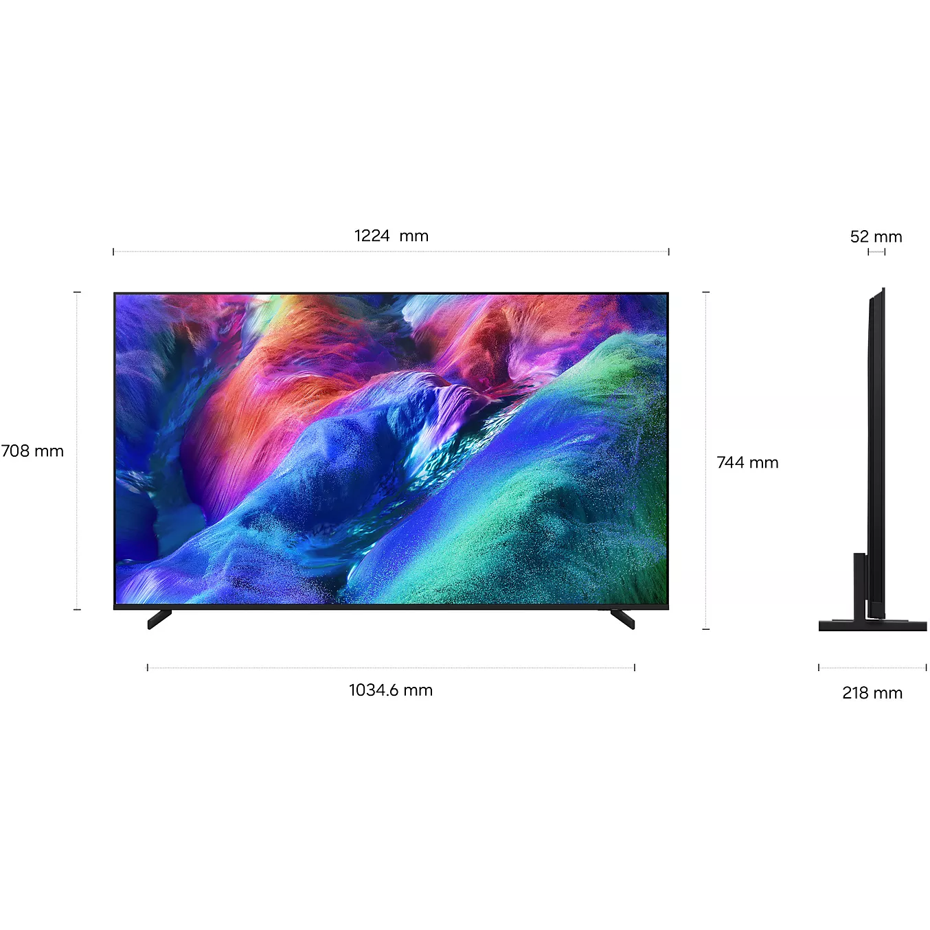 Le téléviseur à écran plat SAMSUNG TMR55R85H est présenté de face et de côté, mettant en valeur son design fin et son écran coloré avec des dimensions précises de largeur, de hauteur et de profondeur.