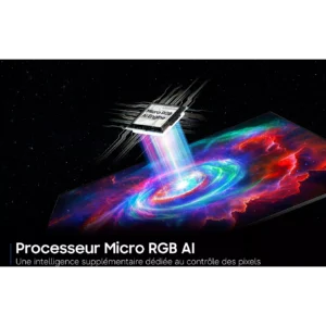Une puce étiquetée "Micro RGB AI" et SAMSUNG TMR55R85H émet des faisceaux lumineux colorés sur une surface d'affichage vibrante et cosmique.