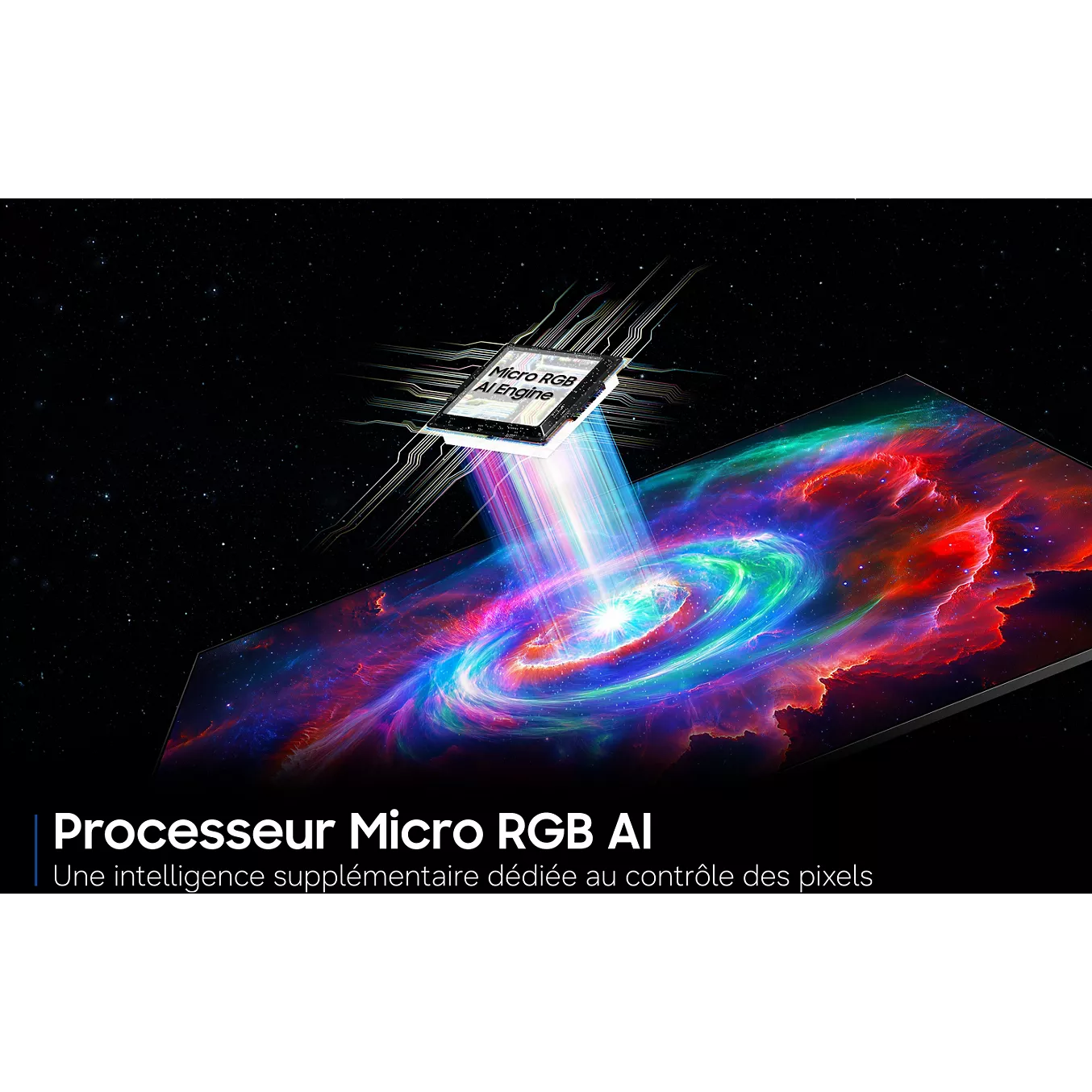 Une puce étiquetée "Micro RGB AI" et SAMSUNG TMR55R85H émet des faisceaux lumineux colorés sur une surface d'affichage vibrante et cosmique.