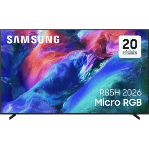 Le téléviseur SAMSUNG TMR55R85H présente un art abstrait vibrant avec le texte : "20 Ans", "R85H 2026" et "Micro RGB".