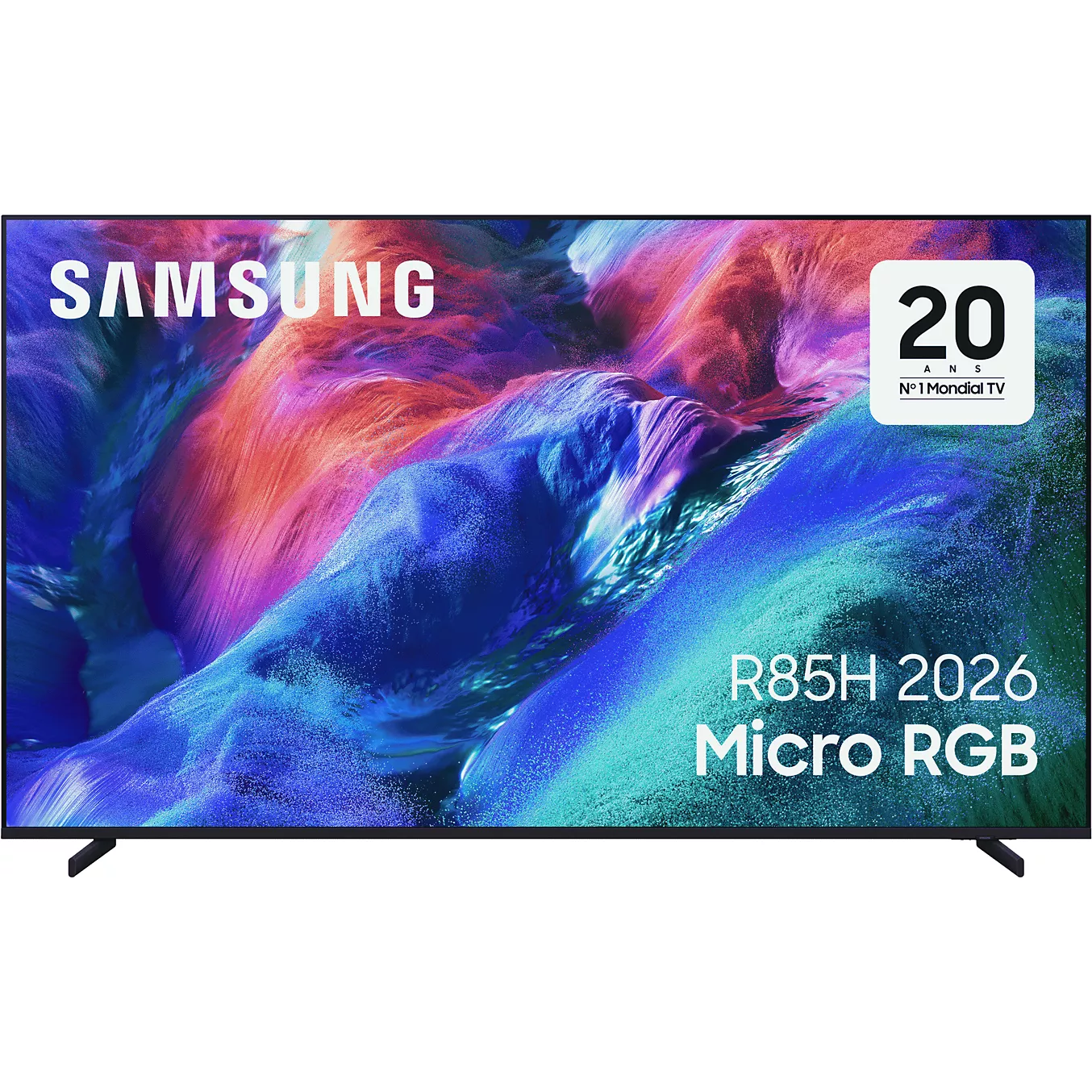 Le téléviseur SAMSUNG TMR55R85H présente un art abstrait vibrant avec le texte : "20 Ans", "R85H 2026" et "Micro RGB".