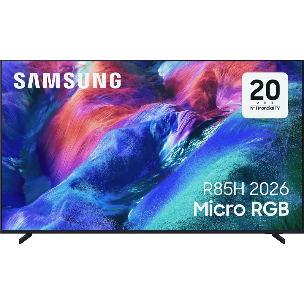 Le téléviseur SAMSUNG TMR65R85H est doté d'un écran abstrait coloré, avec le texte "R85H 2026 Micro RGB" et "20 years No.1 Mondial TV".