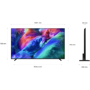 Le téléviseur à écran plat SAMSUNG TMR65R85H est doté d'un écran vibrant et est présenté de face et de côté, mettant en évidence ses dimensions en largeur, en hauteur et en profondeur.