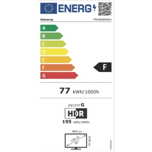 SAMSUNG TMR65R85H : Label énergétique F, 77 kWh/1000h (HDR : 195 kWh/1000h), résolution 3840x2160 px, écran 55 pouces.