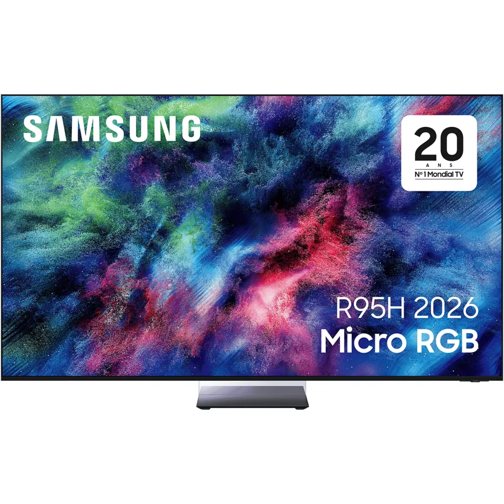 Le téléviseur SAMSUNG TMR65R95H Micro RGB affiche une image abstraite vibrante avec un badge "20 ans" dans le coin supérieur droit.
