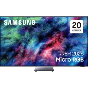 Le téléviseur SAMSUNG TMR65R95H Micro RGB affiche une image abstraite vibrante avec un badge "20 ans" dans le coin supérieur droit.