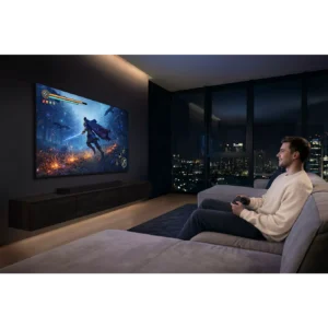Un homme assis sur un canapé joue à un jeu vidéo sur un grand SAMSUNG TMR65R95H dans un salon moderne de nuit.