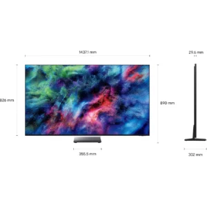 Vue de face et de côté du téléviseur à écran plat SAMSUNG TMR65R95H, mettant en évidence son écran vibrant et ses mesures précises en millimètres.