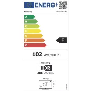Le téléviseur SAMSUNG TMR65R95H porte le label énergétique européen F, consomme 102 kWh/1000h (SDR) et 288 kWh/1000h (HDR), dispose d'un écran de 65 pouces et d'une résolution de 3840x2160 px.
