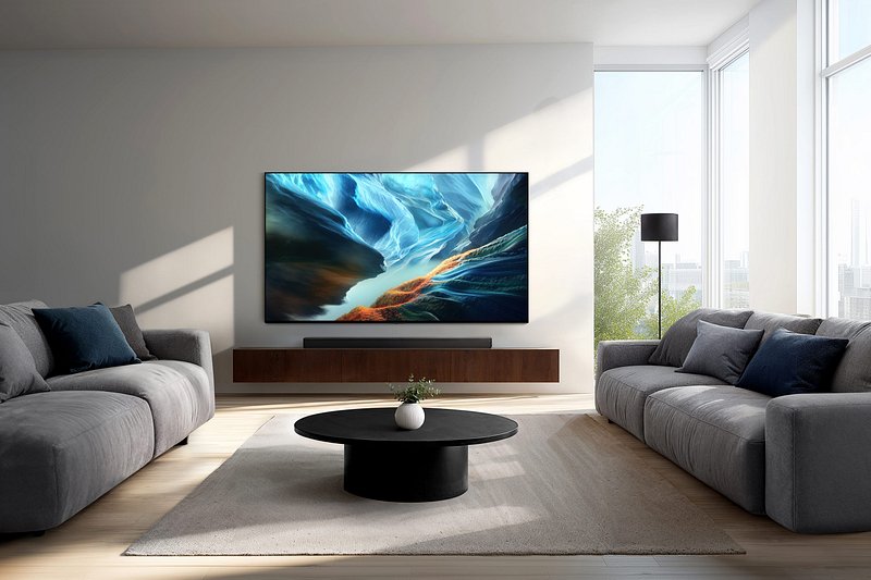 Un salon moderne avec deux canapés gris, une table basse ronde et un téléviseur SAMSUNG TQ55S92H fixé au mur.